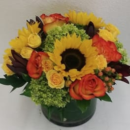 Sunflowers and orange roses arranged in a glass vase