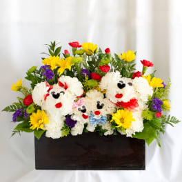 Colorful flower arrangement with teddy bear faces in a dark box