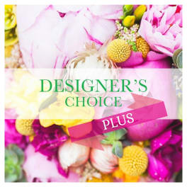 Pink and yellow floral arrangement with designer's choice text overlay