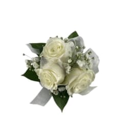 White rose bouquet with baby's breath and silver ribbon