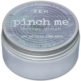 A small tin of pinch me therapy dough with a silver lid