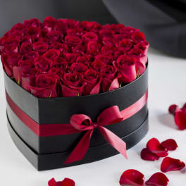 Heart-shaped box filled with red roses and scattered rose petals