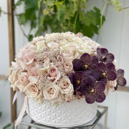 Round bouquet of pale roses and purple orchids in a white textured box