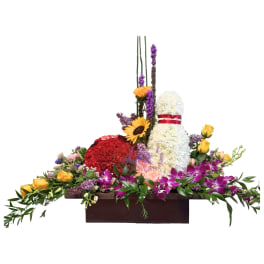 Bowling-themed floral sculpture