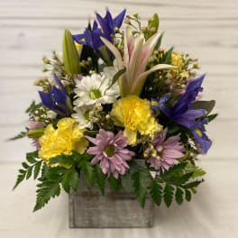 Mixed bouquet in a gray wooden box with blue, yellow, white, and lavender flowers