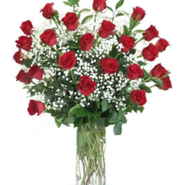 Red roses in a clear glass vase with white filler flowers