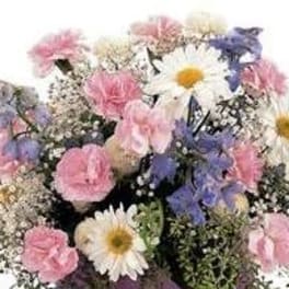 Mixed bouquet of pink, white, and purple flowers