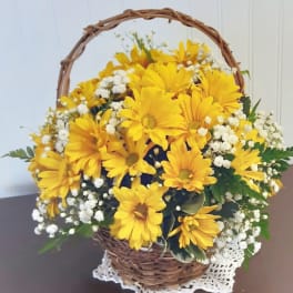 Yellow daisy bouquet in a wicker basket with white filler flowers