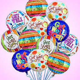 Bouquet of colorful round Get Well Soon foil balloons on curling ribbons