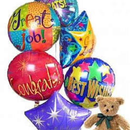 Colorful congratulatory balloons with a teddy bear