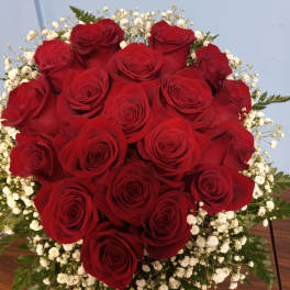 Bouquet of red roses with white baby's breath