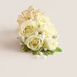 White Spray Rose Corsage with Gold Ribbon Bow
