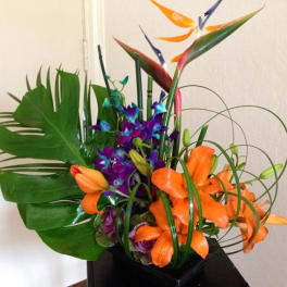 Tropical arrangement with orange lilies and purple orchids in a black container