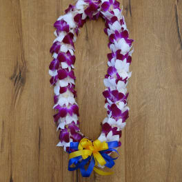 Purple and white orchid lei with blue and yellow ribbon bow