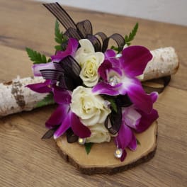 C#08 Purple Dendro. Orchid & White Spray Rose Corsage (Pre-Order Item)