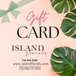 Gift card graphic with green leaves and a ribbon on a pink background