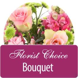 Florist choice bouquet with pink roses and green button mums