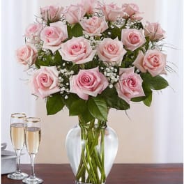 Pink roses arranged in a clear glass vase with baby's breath