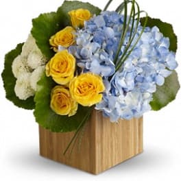 Yellow roses and blue hydrangeas in a wooden cube vase