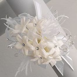 White floral bouquet with ribbon and sparkling accents