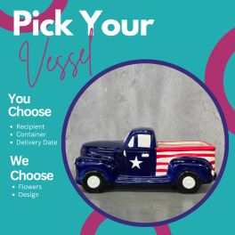 Ceramic pickup truck planter in navy, white, and red