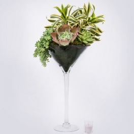 Succulent arrangement in a tall martini glass with a small candle beside it