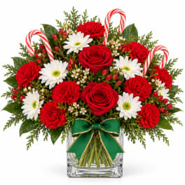 Red roses and carnations with white daisies in a glass vase with candy canes