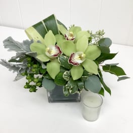 Green orchid arrangement in a square glass vase with a small candle
