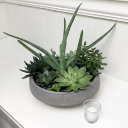 Succulent arrangement in a round gray planter with a small glass candle nearby