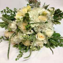 White and cream floral bouquet with roses and hydrangeas