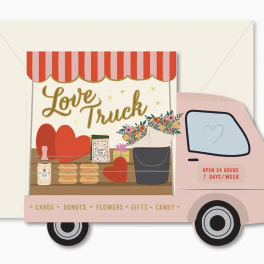 Pink flower truck card with hearts and a bouquet illustration