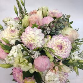 Pastel bouquet of pink and white flowers with eucalyptus