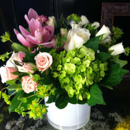 White vase arrangement with green hydrangea, white roses, pink orchids and spray roses.