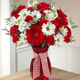 Red and white daisy bouquet in a red vase with a gingham ribbon