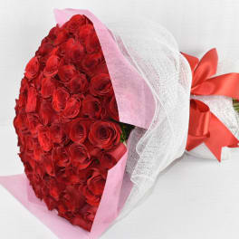 Large bouquet of red roses wrapped in pink paper and white mesh with a red satin bow
