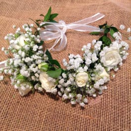 White rose floral crown with baby's breath and ribbon ties
