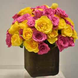Pink and yellow roses arranged in a dark square vase
