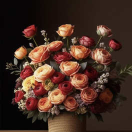 Large bouquet of red, peach, and yellow roses in a woven basket