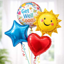 Cluster of colorful balloons including Get Well Soon, sun, star, and heart shapes