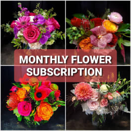 Collage of four colorful flower bouquets with a "Monthly Flower Subscription" banner