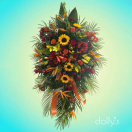 Tropical floral spray with sunflowers, roses, and orange bird-of-paradise blooms
