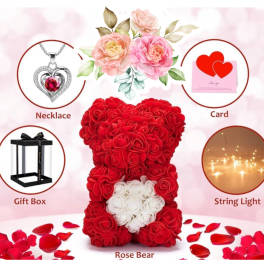 Red rose teddy bear with a white heart on its chest, shown with gift add-ons