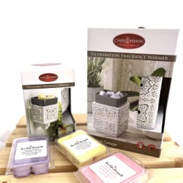 Fragrance warmer boxes with pastel wax melts on a wooden surface