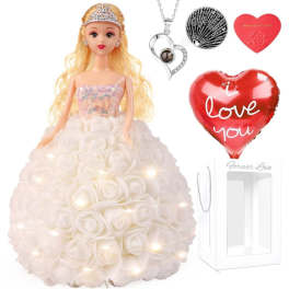 Blonde doll in a white rose dress with a heart balloon and necklace gift
