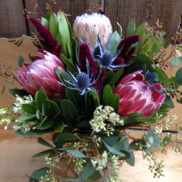 Bouquet of pink protea and burgundy filler flowers in a glass vase
