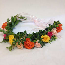 Floral crown with multicolored roses and sheer ribbon