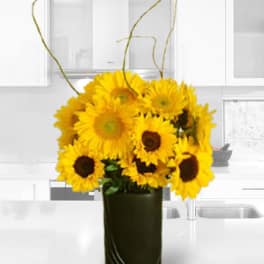 Yellow sunflowers in a tall dark vase