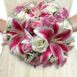 Pink and white bouquet with lilies and roses