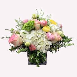 Pink and yellow roses with white hydrangeas in a square glass vase
