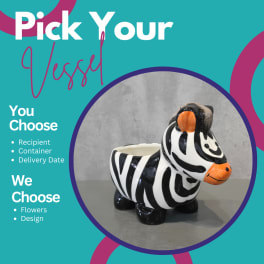 Zebra-shaped ceramic planter on a gray surface